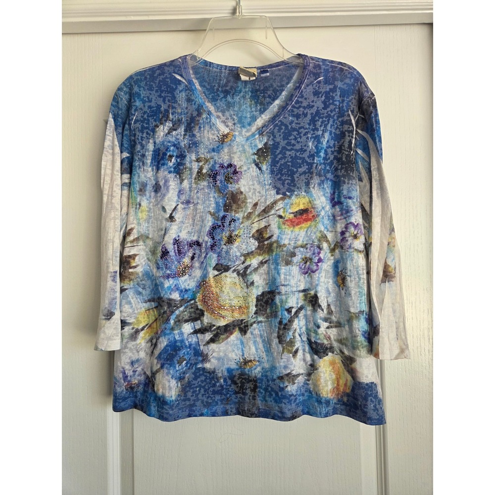 VTG Jess & Jane Paloma Blue Floral Rhinestone V-Neck 3/4 Sleeve Top Sz L Y2K
